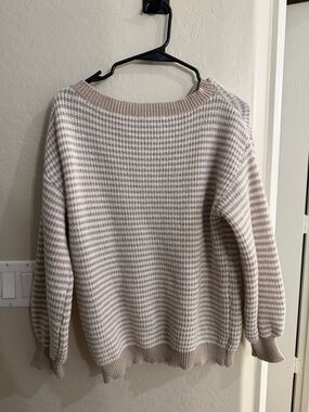 Amazon Women's Beige and White Striped Knit Sweater